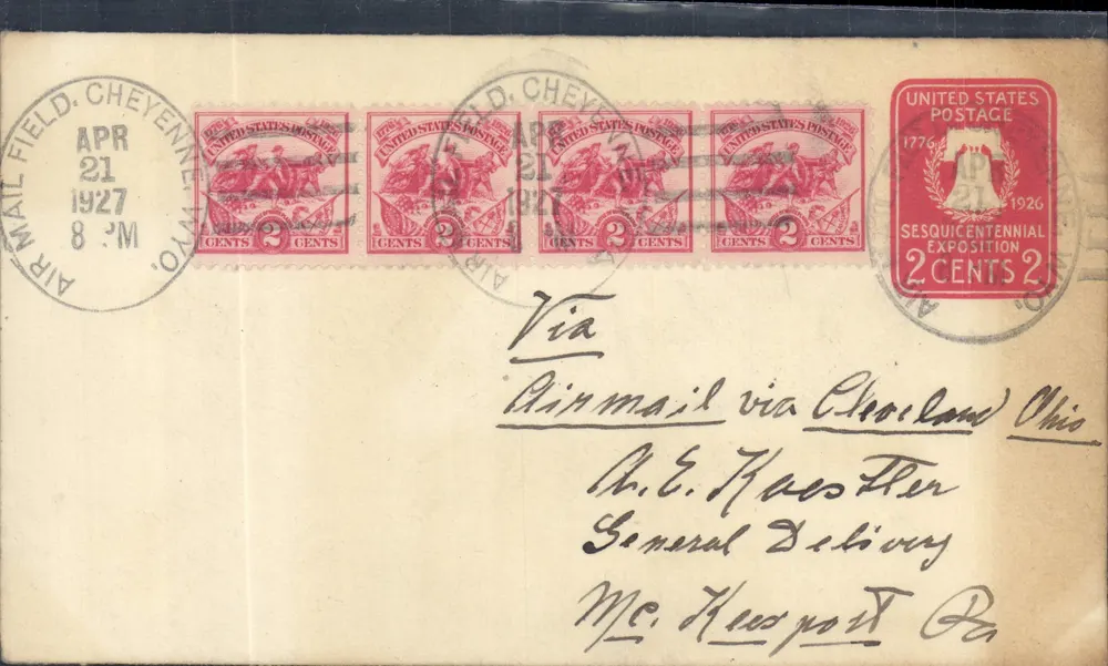 Cheyenne Air Mail Field — 1927 — 4 Stempel zu 2 Cent und 1 Stempel zu 2 Cent für die Sesquicentennial-Ausstellung - Vorderseite