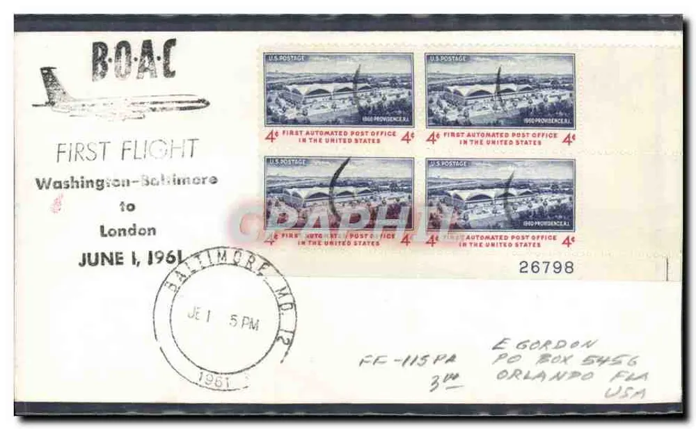 Erster Flug Washington-Baltimore — BOAC — 1. Juni 1961 — Stempel auf der Automated Post Office von 1960 - Vorderseite