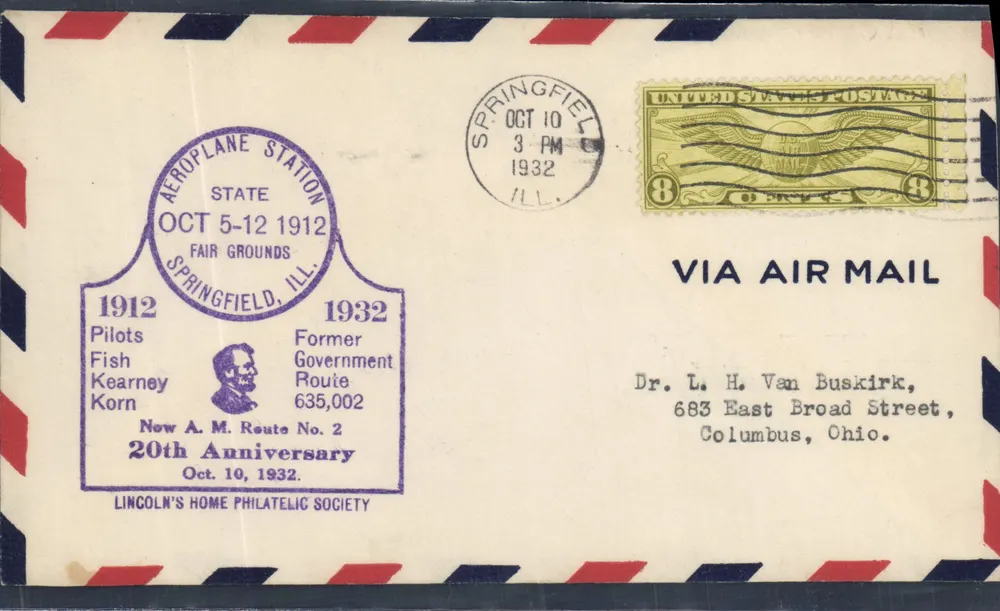 Aeroplane Station Springfield Jubiläum — 20. Jubiläum — Lincoln's Home Philatelic Society - Vorderseite
