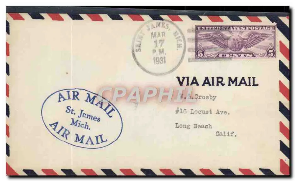 Saint James, Michigan — Luftpost nach Long Beach, Kalifornien — 5-Cent-Stempel und Luftpoststempel - Vorderseite