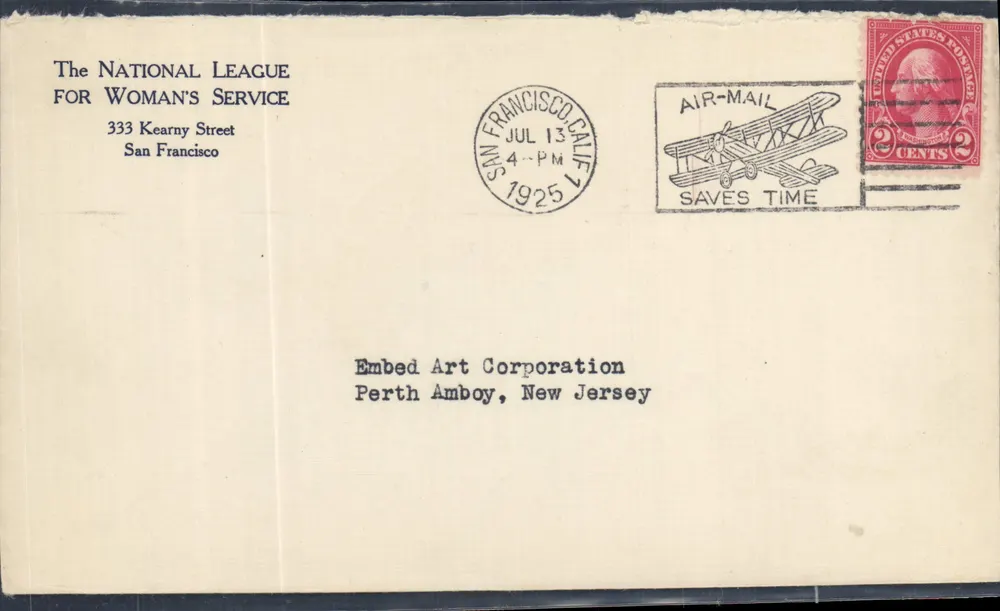San Francisco — Sobrecorreo aéreo 1925 — The National League for Woman's Service - Anverso