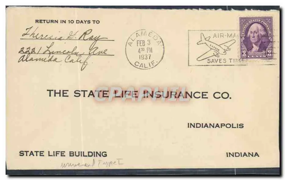 Alameda — Versicherungsschreiben — The State Life Insurance Co. (Indianapolis) - Vorderseite