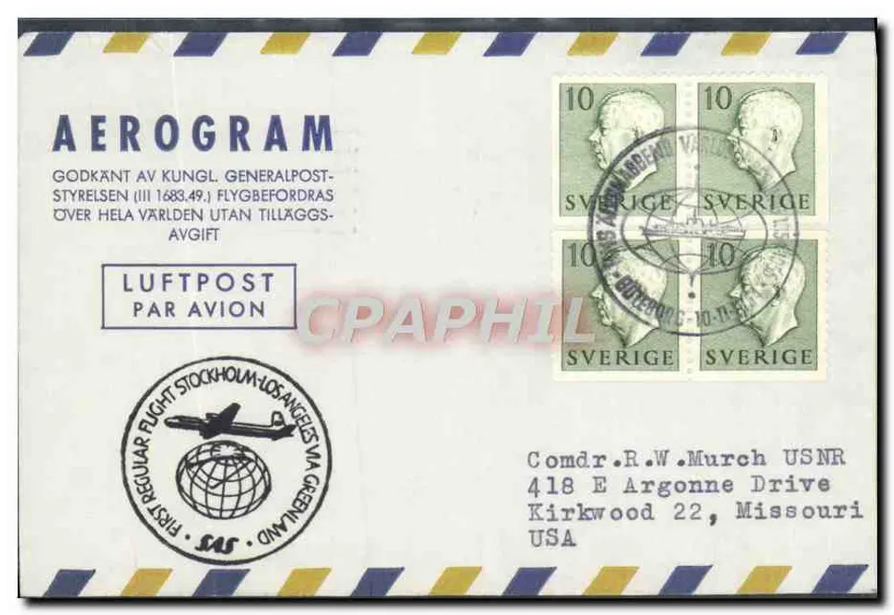 Aerograma sueco — primer vuelo de Estocolmo a Los Ángeles vía Groenlandia — editor SAS, número de serie no visible - Anverso