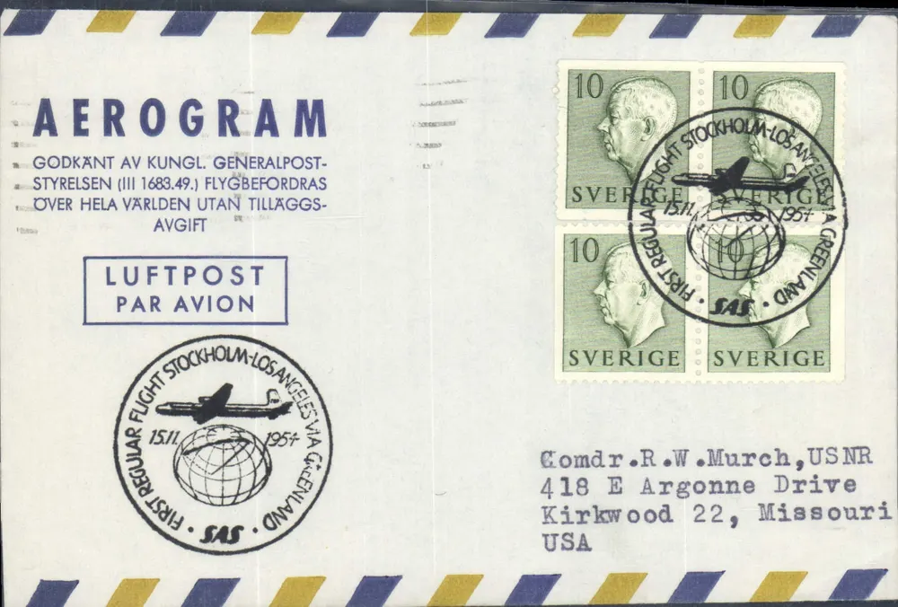 Erster regulärer Flug Stockholm-Los Angeles über Grönland — SAS — 15.11.1954 - Vorderseite
