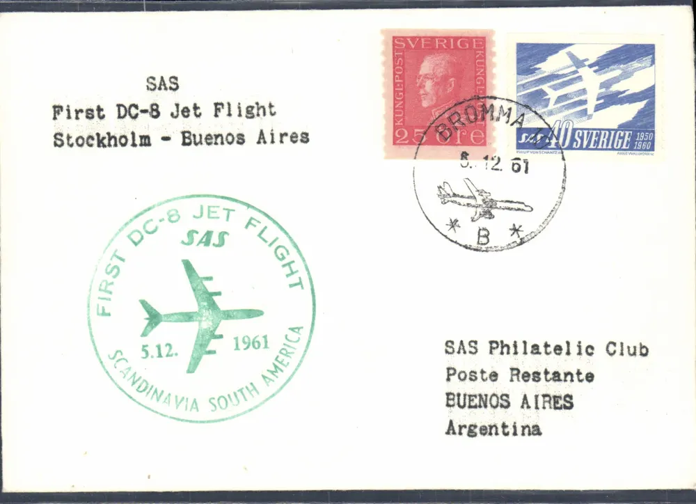 Erster DC-8 SAS-Flug Stockholm - Buenos Aires — SAS Philatelic Club - Vorderseite