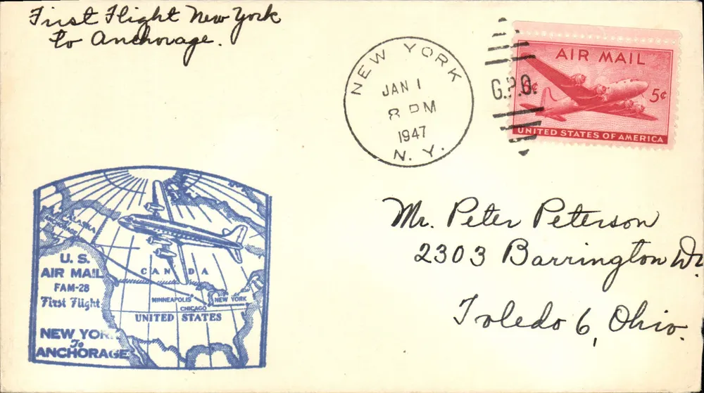 Erster Flug New York nach Anchorage — U.S. Air Mail FAM-28 — Verlag nicht sichtbar - Vorderseite