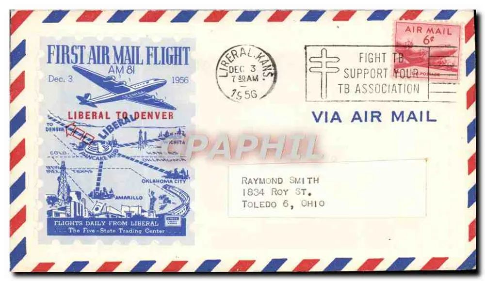 Erster Luftpostflug — Liberal nach Denver — 3. Dezember 1956 — Oklahoma City Post Office - Vorderseite