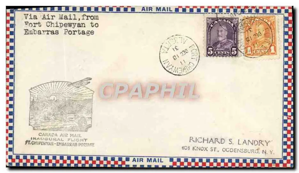 Erster Flug Canada Air Mail — Fort Chipewyan nach Embarrass Portage — Verlag Canada Air Mail - Vorderseite