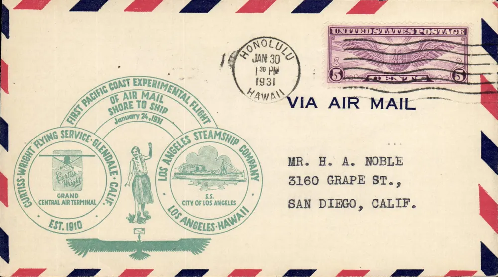 Erste Flugüberquerung des Pazifiks — Los Angeles nach Honolulu — per Air Mail — 30. Januar 1931 - Vorderseite