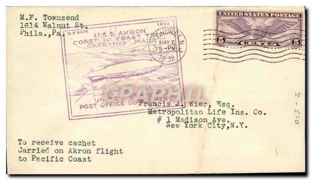 U.S.S. Akron — Transpazif-Flug — 1932 — Verlag: U.S. Navy Post Office Department - Vorderseite