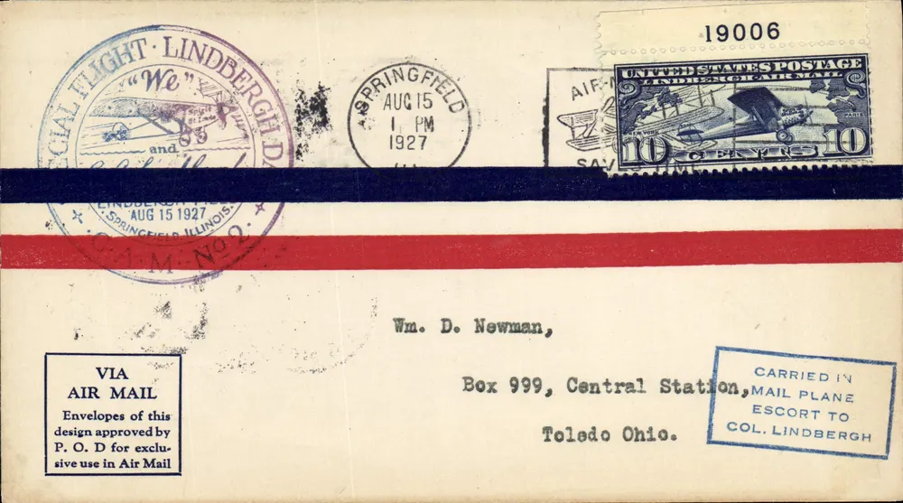 Spezialflug Lindbergh — Springfield, Illinois — 15. August 1927 — Verlag P.O. D. - Vorderseite