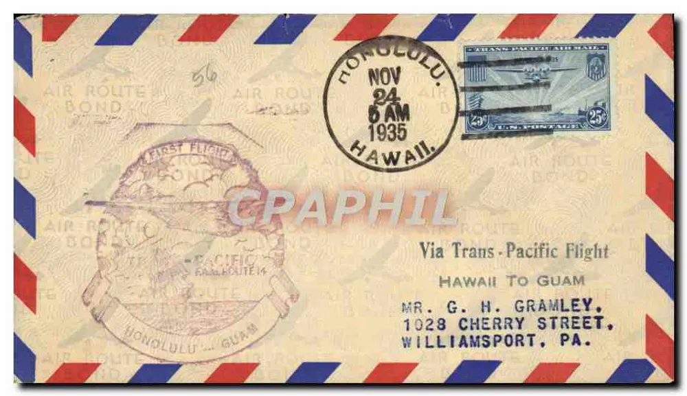 Antike Ansichtskarte Trans-Pacific Air Mail Erster Transpazif-Flug Honolulu - Guam — Verlag Air Route Bond, Seriennummer 14 - Vorderseite
