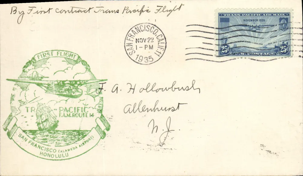 Erster transpazifischer Flug — San Francisco (Alameda Airport) — 22. November 1935 — unbekannter Verlag, Seriennummer nicht sichtbar - Vorderseite