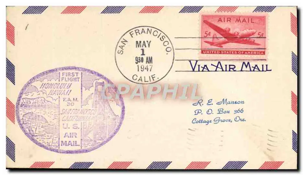 Erster Flug San Francisco-Honolulu — Erster Luftflug — 5c U.S. Air Mail - Vorderseite