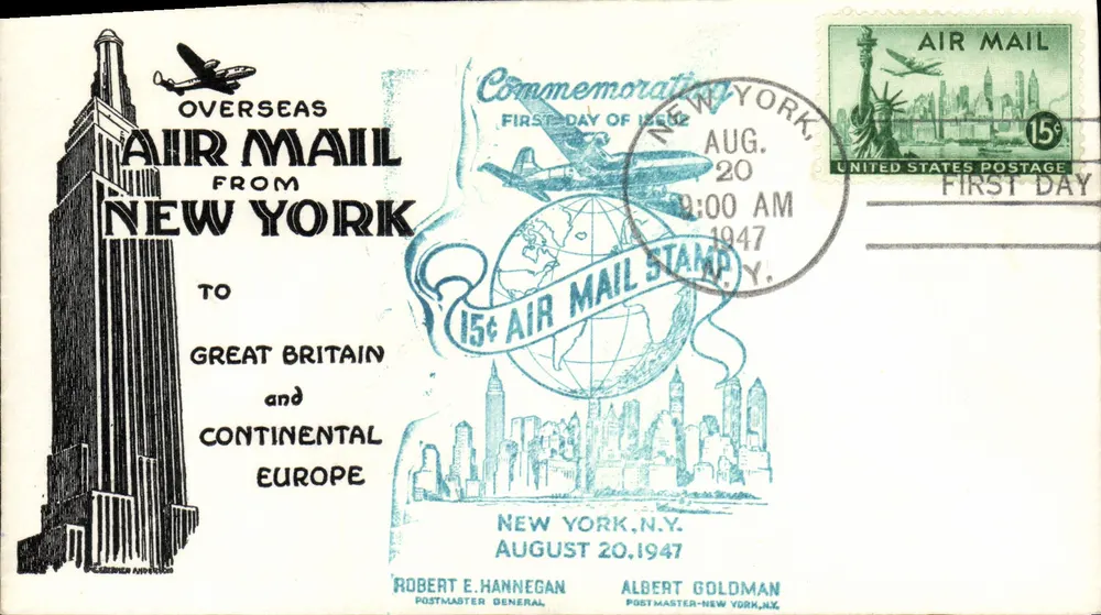 New York — Erster Tag der Ausgabe für den Luftpoststempel 15¢ — Verlag: Robert E. Hannegan, Albert Goldman - Vorderseite