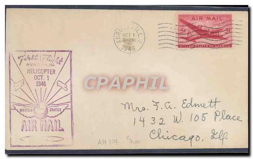 Erster Hubschrauberflug in Aurora, Illinois — 1. Oktober 1946 — United States Air Mail - Vorderseite