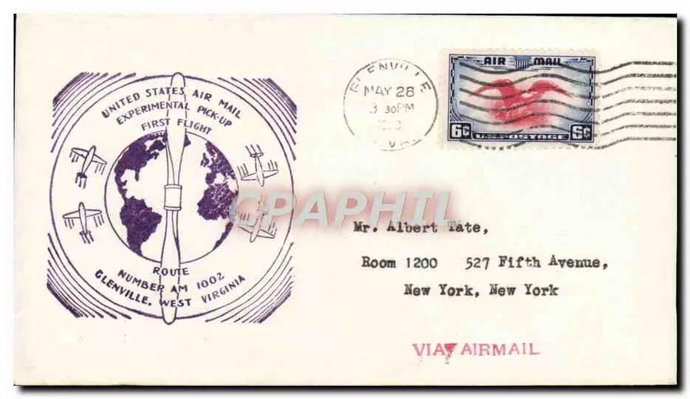 United States Air Mail Experimental Pick-Up First Flight — Glenville, West Virginia — Route Number 1002 - Vorderseite