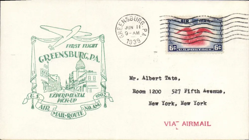 Erster Flug nach Greensburg, PA — erster experimenteller Flug — U.S. Air Mail Route No. 1002 - Vorderseite