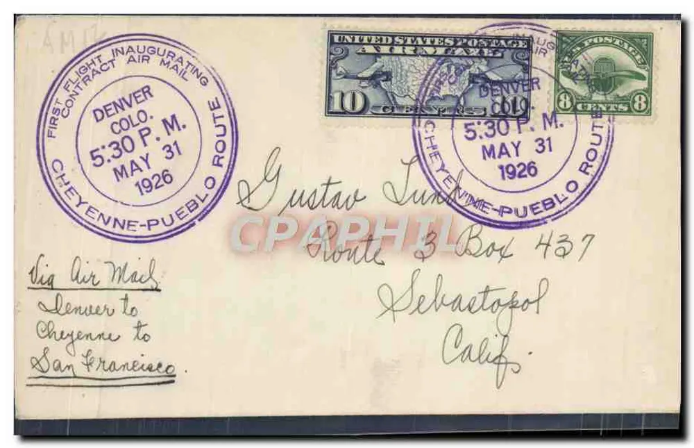 Erster Flug Denver-Cheyenne-Pueblo — Vereinigte Staaten Luftpost, 5:30 Uhr nachm. 31. Mai 1926 - Vorderseite