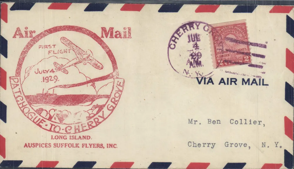 Primo volo Patchogue-Cherry Grove — 4 luglio 1929 — AUSPICES SUFFOLK FLYERS, INC. - Recto