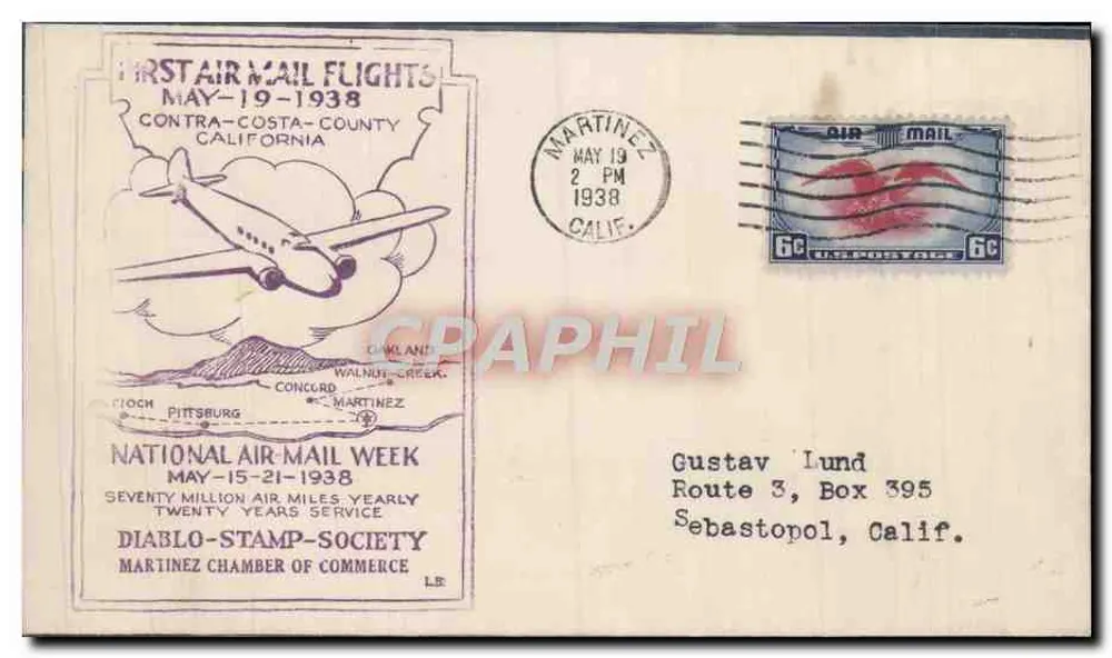 Erste Luftpostflüge — Contra Costa County, Kalifornien — Diabolo Stamp Society - Vorderseite