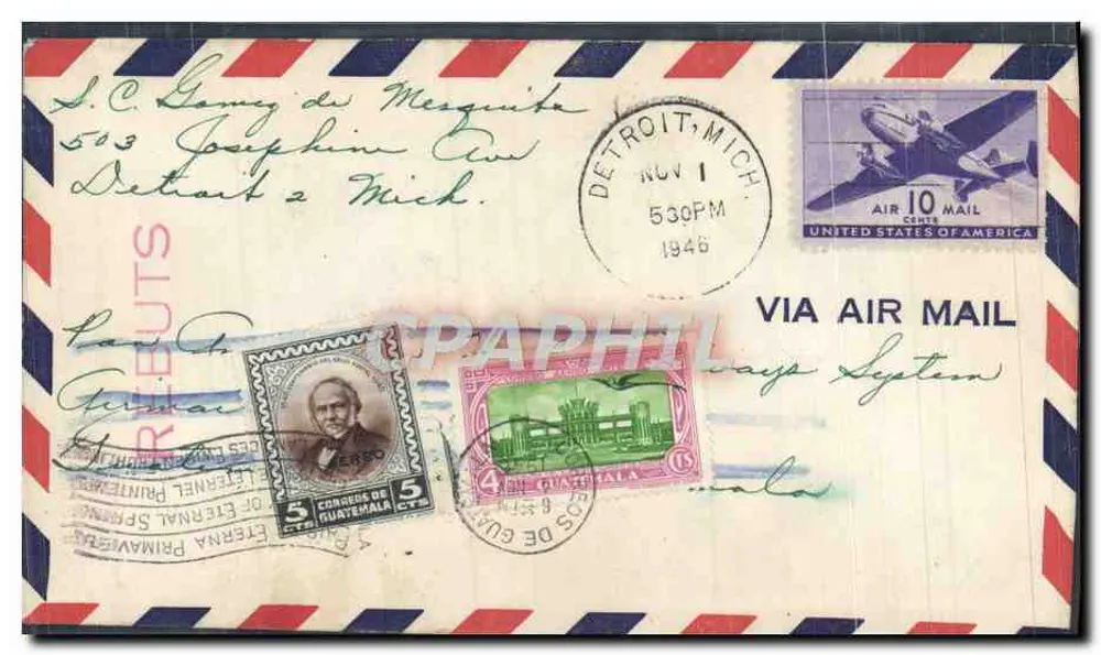 Luftpostbrief aus Guatemala nach Detroit — Briefmarken und Poststempel - Vorderseite