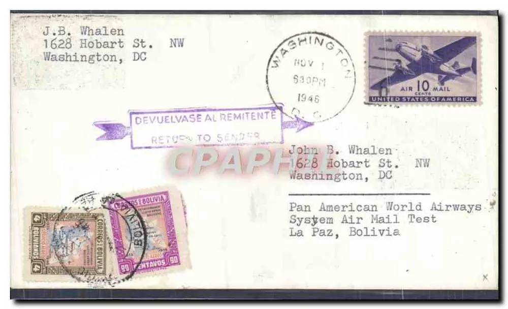 Pan American World Airways Testpost — La Paz, Bolivien — Washington, DC — 1946 - Vorderseite