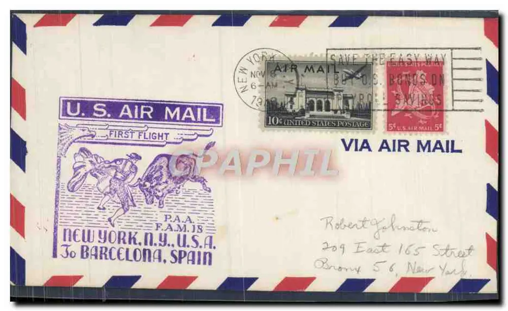 Erster Flug New York-Barcelona — U.S. Air Mail — P.A.A. — 6. November 1938 - Vorderseite