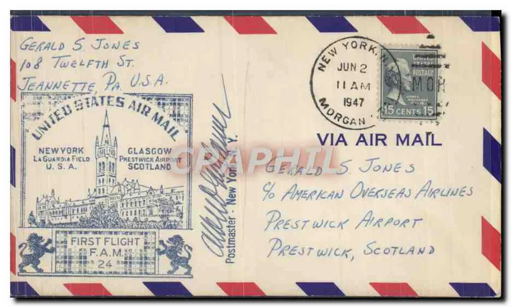 New York - Glasgow — Erster Flug — United States Air Mail - Vorderseite