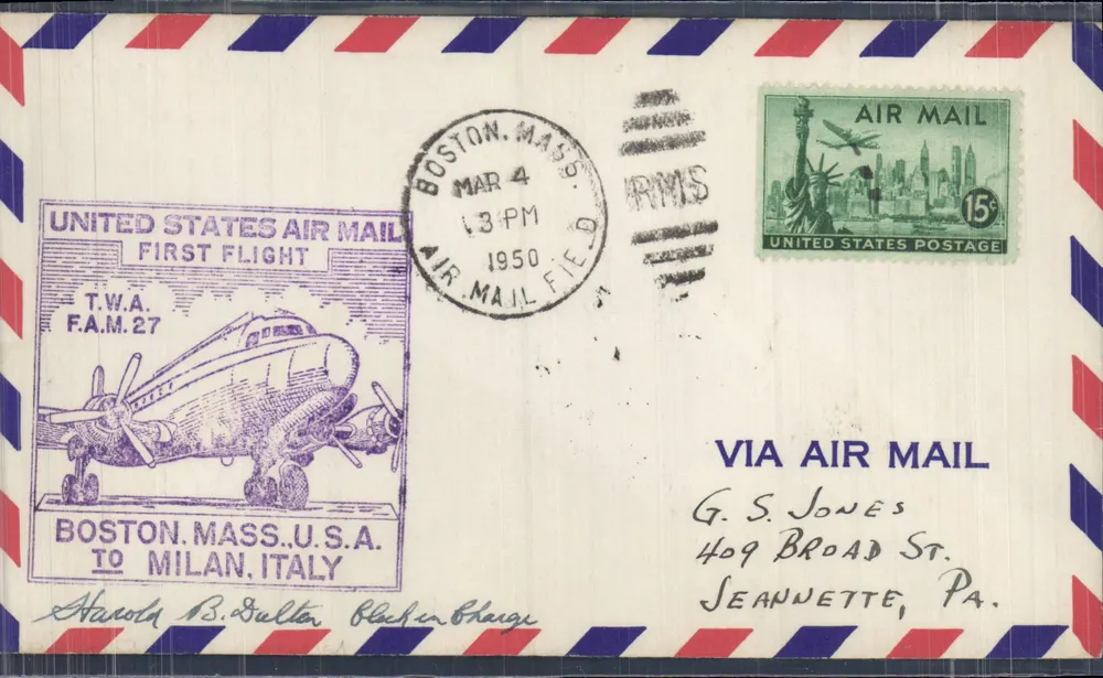Erster Flug der Vereinigten Staaten — Boston, Mass. — Mailand, Italien — T.W.A. F.A.M.27 — 1950 - Vorderseite