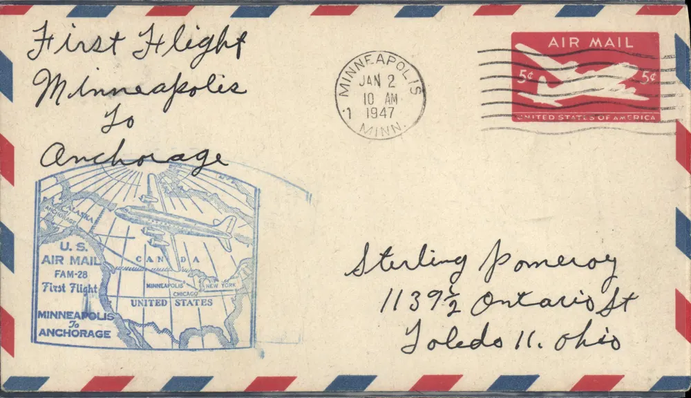 Erster Flug von Minneapolis nach Anchorage — U.S. Air Mail FAM-28 — Verlag U.S. Air Mail - Vorderseite