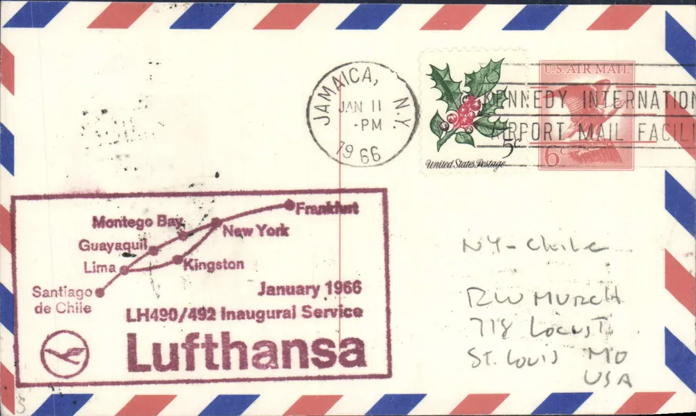 Lufthansa — Servicio inaugural LH490/492 — Enero 1966 — Jamaica, N.Y. - Anverso