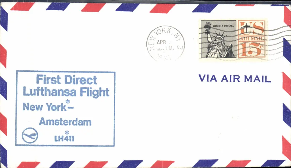 Erster Direktflug Lufthansa New York-Amsterdam — Lufthansa und 15¢-Briefmarke USA - Vorderseite