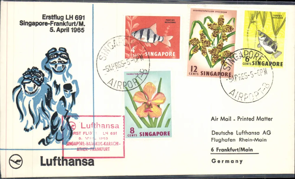 Erster Flug LH 691 Singapur-Frankfurt/M. — Lufthansa — 5. April 1965 - Vorderseite