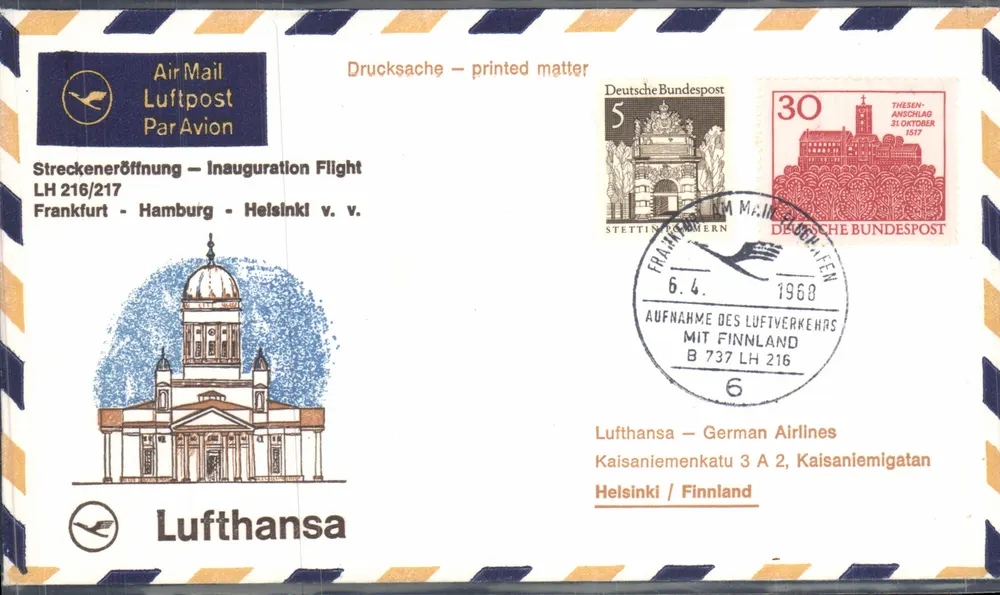 Eröffnung der Luftverbindung Frankfurt-Helsinki — Lufthansa — 6.4.1968 - Vorderseite