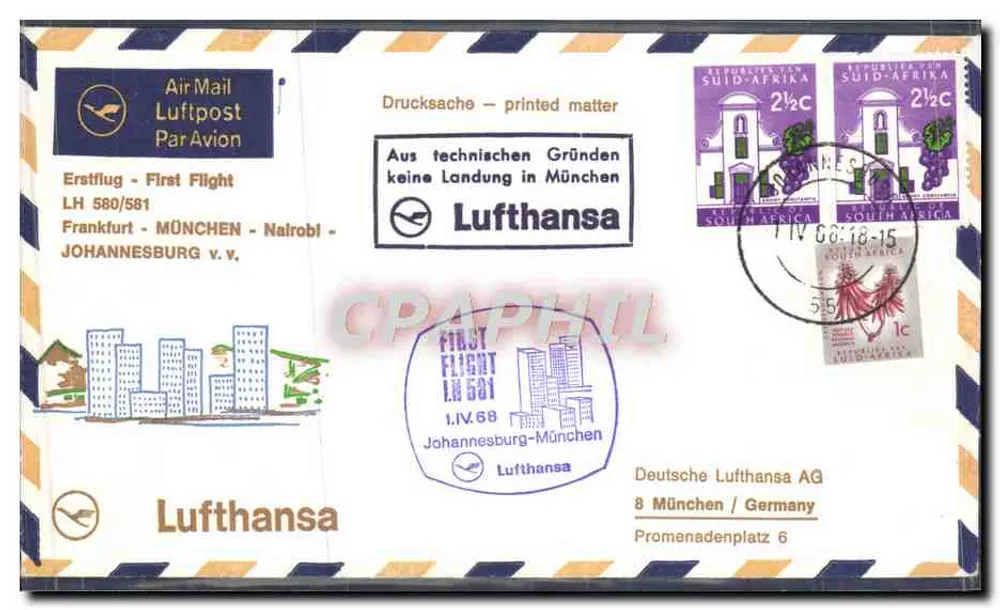 Erster Flug Johannesburg-München — Lufthansa — Verlag Deutsche Lufthansa AG, Seriennummer LH 580/581 - Vorderseite