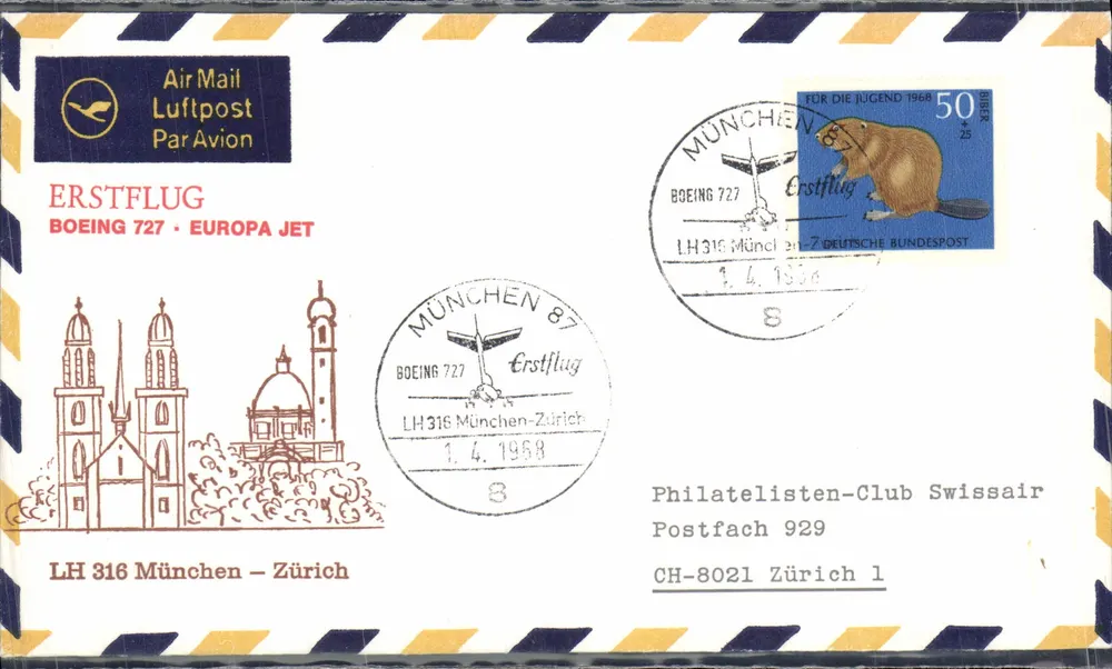 München – Zürich — Erster Flug Boeing 727 – Europa Jet – Deutsche Bundespost - Vorderseite