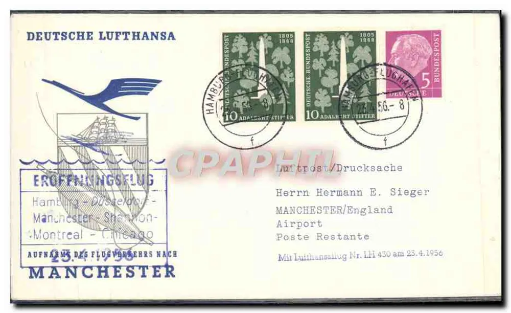 Start des Lufthansa-Flugs — Hamburg-Manchester-Shannon-Montreal-Chicago — Verlag Deutsche Lufthansa, Seriennummer nicht sichtbar - Vorderseite