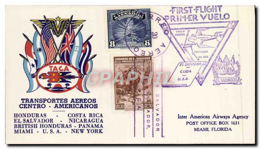 Erster Flug TACA — Transports Aéreos Centro-Americanos — Verlag: Correos de El Salvador - Vorderseite