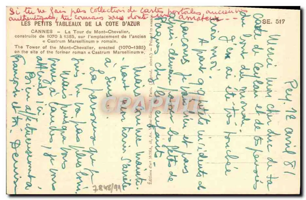 Cannes — Die Turm von Mont-Chevalier — Editions MONA, Nr. 517 - Rückseite
