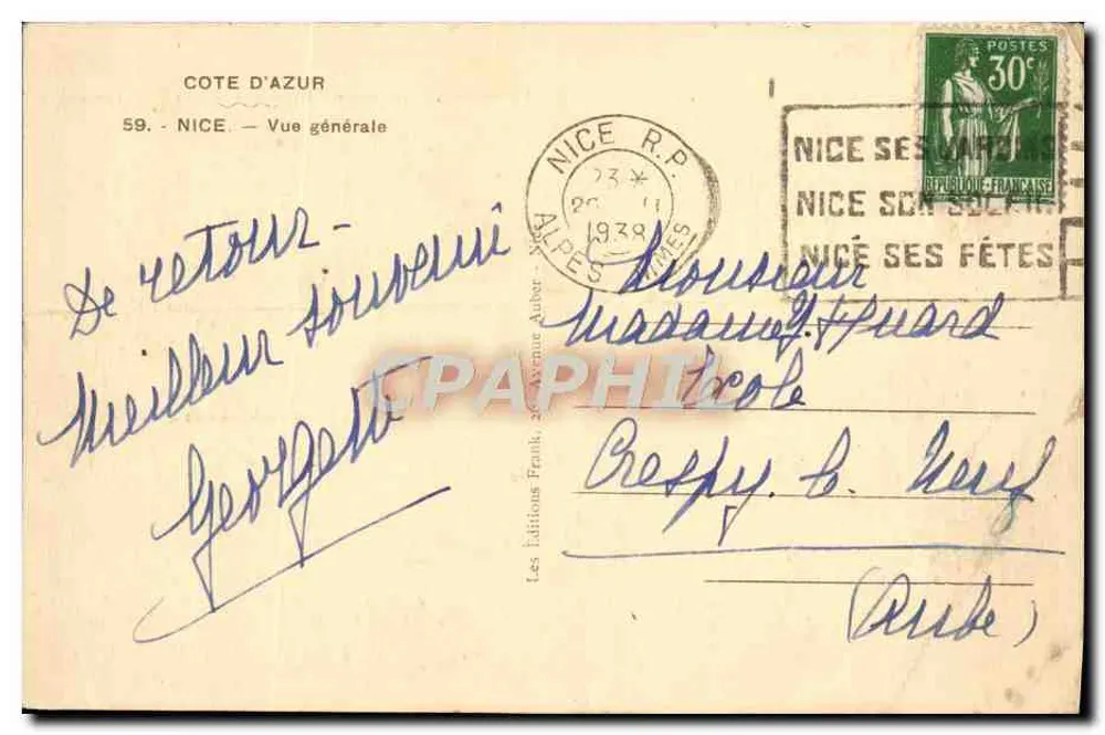 Vue générale de Nice — Côte d'Azur — éditeur Les éditions Fraule, 2 Avenue Aubert - Verso