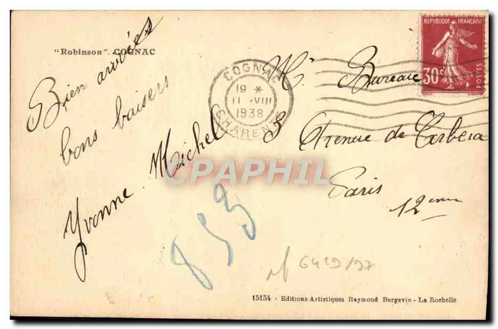 Robinson em Cognac — Edições Artísticas Raymond Bergevin — n° 15154 - Verso