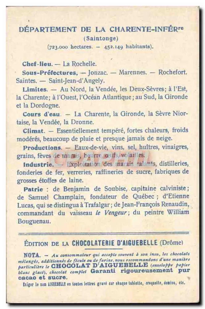Charente-Inférieure — geografische und statistische Karte — Ausgabe der Schokoladenfabrik Aiguebelle - Rückseite