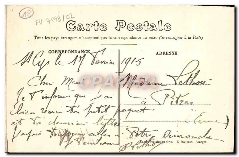 Bourges — Facha da Catedral — Editor E. Maquaire, n° 201 - Verso