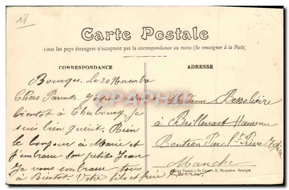 Bourges - Le Petit Lycée, Blick aus der Rue Paradis — Verlag E. Maquaire, n° 364 - Rückseite