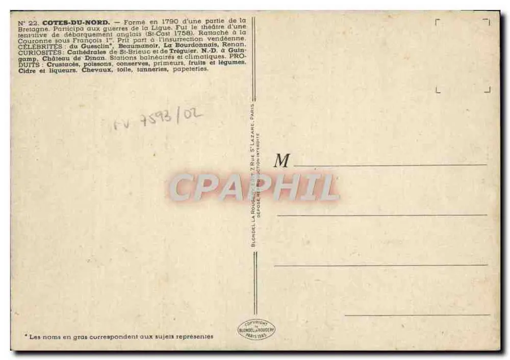 Côtes-du-Nord — N°22 — Editor Blonnel, Paris - Verso