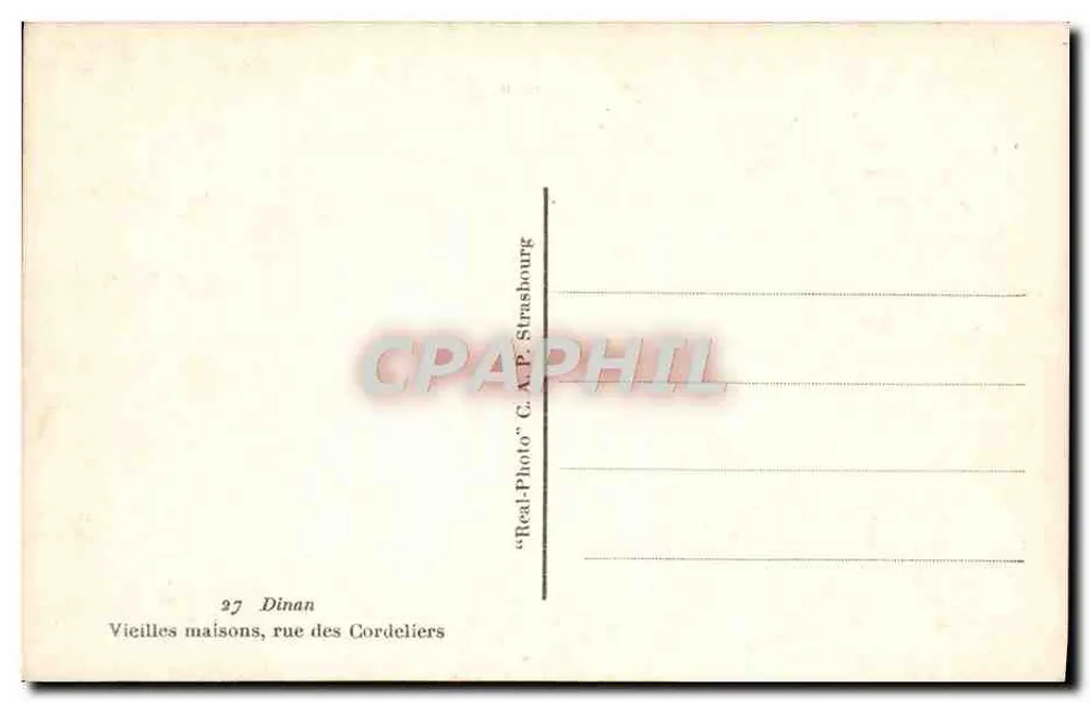 Alte Häuser, Rue des Cordeliers — Dinan — Verlag C.P. Straßburg, Nr. 27 - Rückseite
