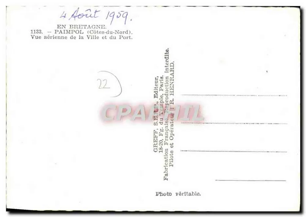 Paimpol — Luftbild der Stadt und des Hafens — Verlag Greff - Rückseite