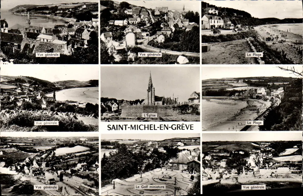 Saint-Michel-en-Grève — vista general, la iglesia, la playa, el mini golf — Ediciones ARTAUD hermanos y hijo, Nantes - Anverso
