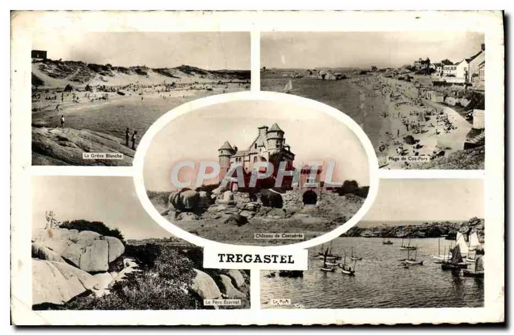 TREGASTEL — Vista panorâmica com A Praia Branca, Castelo do Corsaire, O Fars Eterno e a Página de Cazou — Edições Gaby - Frente